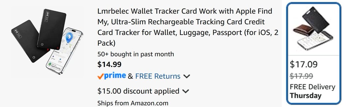 Pricerrors's tweet photo. WALLET TRACKER PROMO STACK ON AMAZON

Hidden stackable code drops this 2 pack to just $15

For reference, one pack is listed for $17 on the same listing

Apply 3I444XIP at checkout - may not last long, refresh if it errors 

https://t.co/AhEeaMm5Q6 #ad https://t.co/RQgIOA9fUM