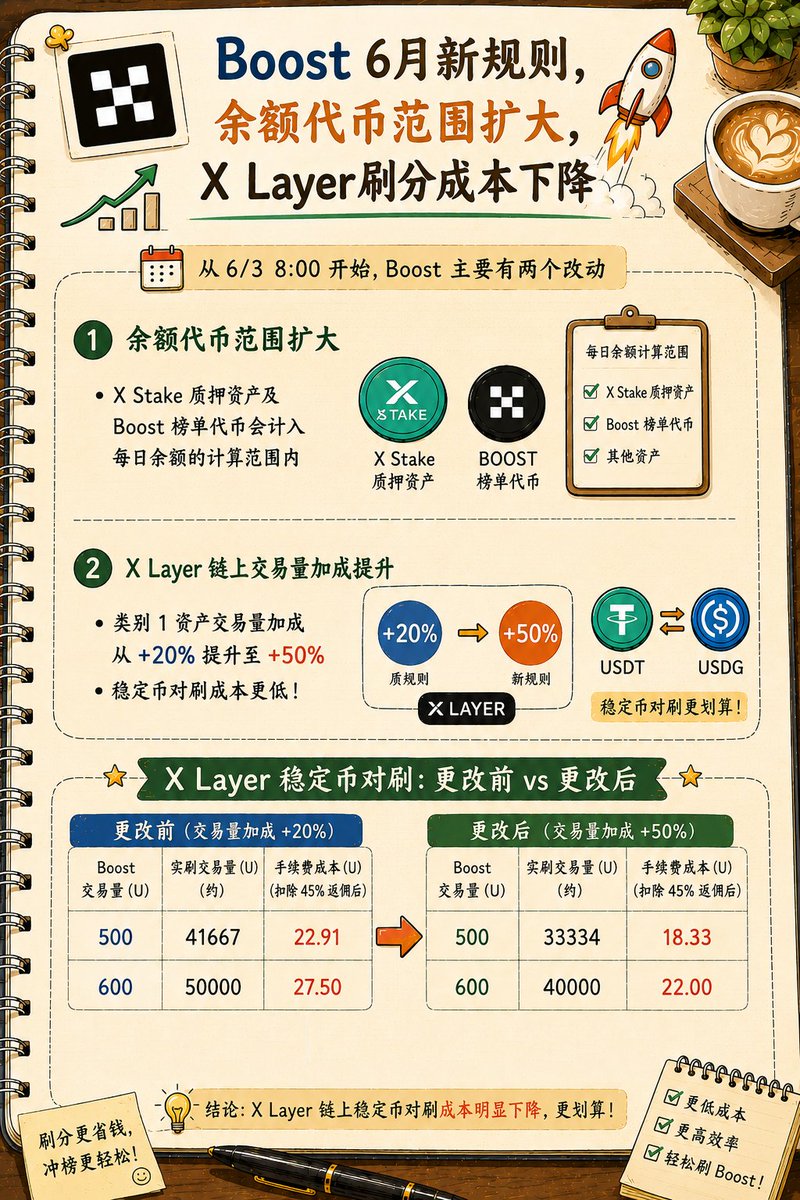caringtank's tweet photo. OKX Boost 又双改规则了！但这次是利好用户的规则👍 

从 6/3 8:00 开始，Boost 主要有两个改动

1️⃣ X Stake 质押资产及 Boost 榜单代币会计入每日余额的计算范围内

之前参加 Real Finance 质押的凭证代币是不算余额的，但从今天开始有计入，并且 Boost 榜单上的山寨币也同样计入

2️⃣ X Layer 链上的类别1资产，交易量加成从原本的 +20% 变成 +50%

也就是说X Layer链上的稳定币对刷的成本更低了，假设500 U Boost 交易量，USDT-USDG 对刷，+50% 后的交易量加成是 0.15 倍，那实刷就是 33334 U，扣除 45% 返佣后的手续费成本是 18.33 U，比起原本的 22.91 U 又下降了不少

另外就是热门币种有限时的 Boost 加成活动，但具体细节都还没有说明，等之后公告

我自己是前几天还在刷quq，但这次新规则之后感觉 X Layer 链上的稳定币对刷是性价比最高的。然后最近明显感觉 Boost 入职人数变多，听说昨天的空投有不少人被女巫的，有没有刷分的小伙伴遇到的？

不知道大伙们还有没有在刷 Boost？平时都是刷多少交易量？有任何想法、推荐的刷分代币都欢迎在下面提出

※：目前要刷 Boost 的话预设的 20% 返佣是肯定不够的，有需要额外返佣的小伙伴可以私信我，谢谢