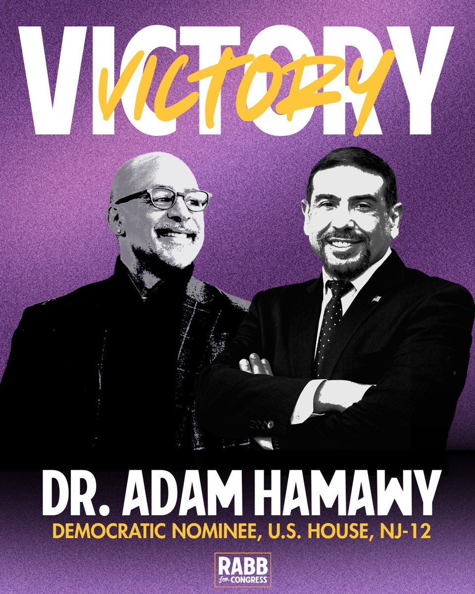 chrisrabb's tweet photo. Congrats to @HamawyForNJ on tonight's #NJ12 win! 

Voters just sent a powerful message that it's time for bold new leaders ready to take on billionaires and fight for working families.

In Congress, I'll be proud to work side-by-side with Dr. Hamawy to deliver the change we need. https://t.co/tIl9Z1yzZB