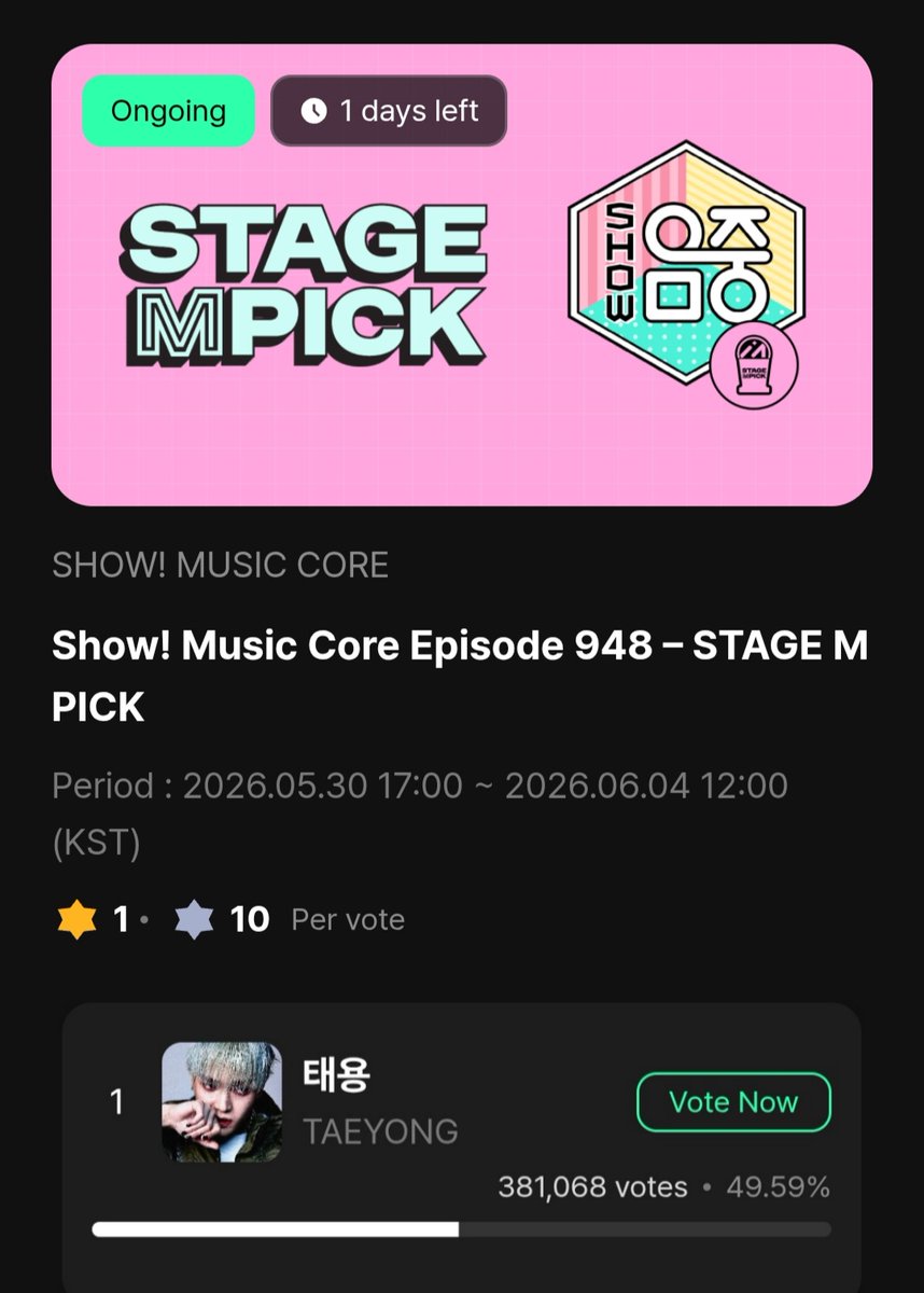 TYDailyVotes's tweet photo. 🔔 Reminder to drop your votes from all your accounts. 

⭐ Event ends on June 4th at 12:00 (kst)   ( ⚠️ 1 day left! ⚠️) 

🏆STAGE M PICK

🗳 10 free votes per account, collect check in votes on muniverse app

 #Taeyong #wyld https://t.co/JG4ZE9IwpK