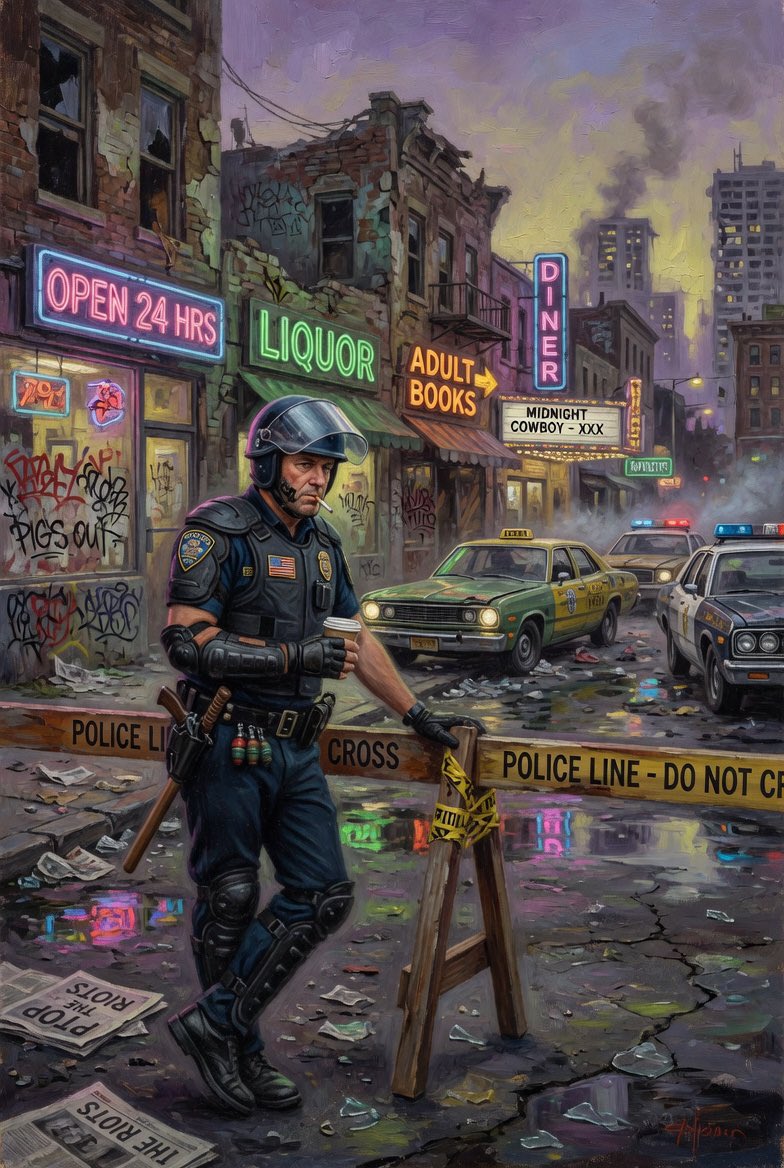 GA0AI's tweet photo. Night shift in the broken city.
One cop, one line, and a whole lot of chaos.
#RiotCop #UrbanDecay #DystopianArt #AI https://t.co/8iknOSSqRj