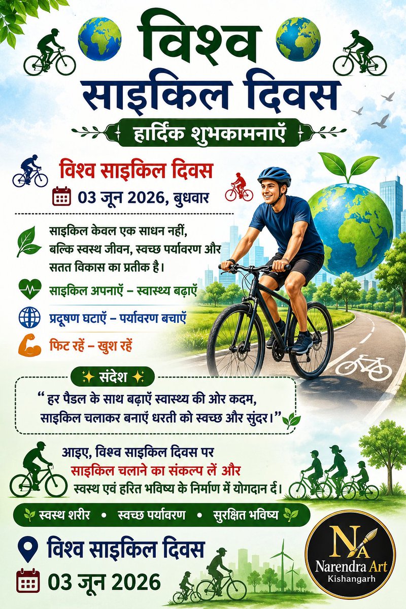 services464641's tweet photo. 🚴विश्व साइकिल दिवस🚴
हार्दिक शुभकामनाएँ
03 जून 2026
#WorldBicycleDay #विश्व_साइकिल_दिवस #CycleForHealth #GoGreen #HealthyLifestyle #SaveEnvironment #RideABicycle #Cycling #GreenEarth #Fitness #NarendraArtKishangarh #03June2026 🚴🌍💚 https://t.co/iTA4SL6g2D