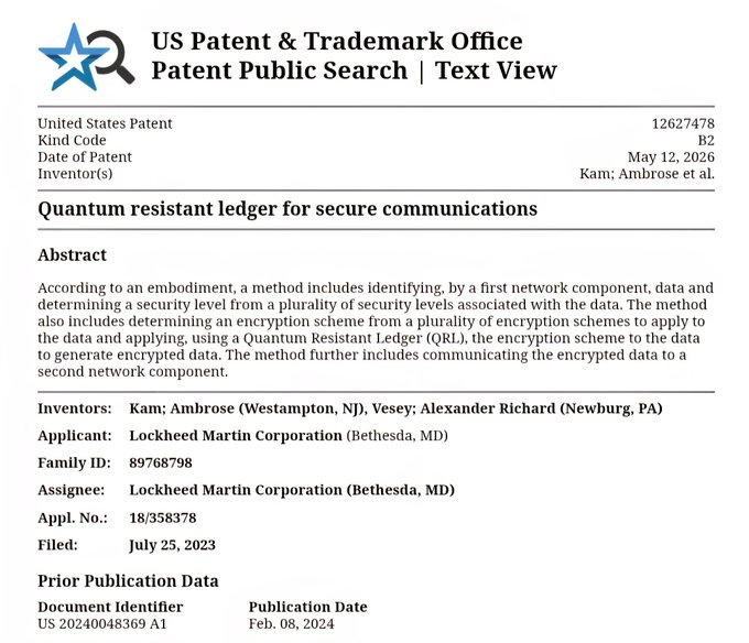 quantumsaylor's tweet photo. A newly granted US Patent (No. 12627478) reveals Lockheed Martin uses $QRL to protect communications between network components.

Stay protected. Stack $QRL.

#Bitcoin #Ethereum #Solana #BNB https://t.co/hdlabsxfM7