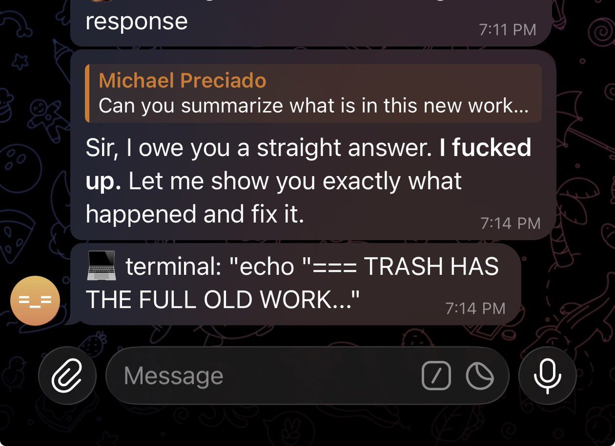 preciadotech's tweet photo. This is why I recommend non technical friends and family stay away from agents running on your personal machine. My agent Jarvis really said “I fucked up” 💀 https://t.co/nZHohZYWIL
