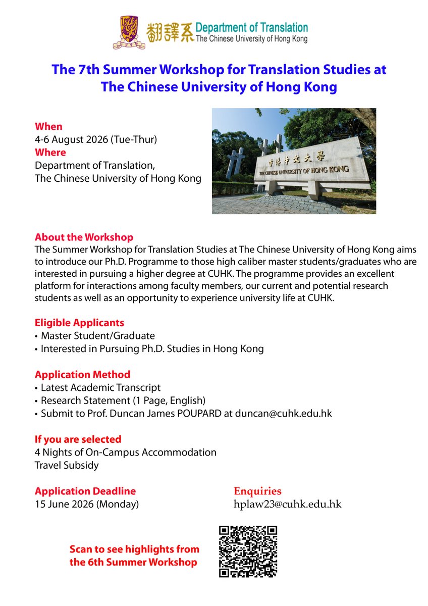 CuhkCTT's tweet photo. Ready to take the next step in your academic journey?  Join us for the 7th Summer Workshop for Translation Studies at CUHK!

Details could be found at https://t.co/3BQmvUB469

#CUHKTranslation #PhDOpportunity #TranslationStudies #StudyInHK #SummerWorkshop #CUHK https://t.co/SRVzgpOmoq