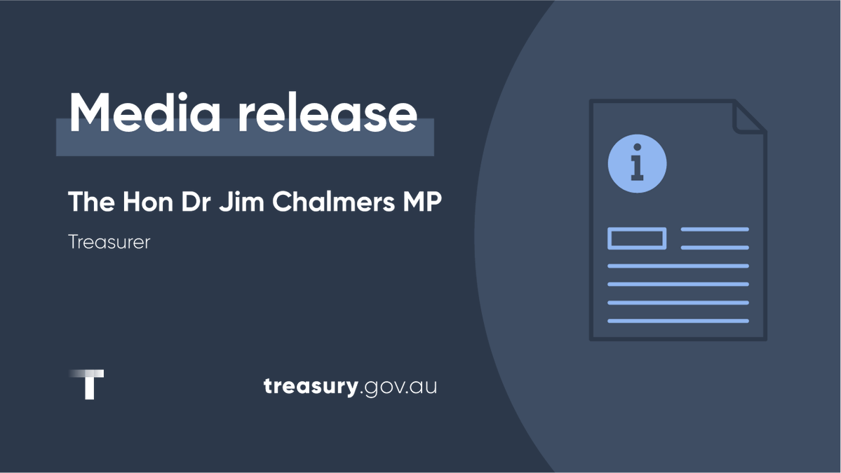 Graphic showing a media release from Treasurer Dr Jim Chalmers MP, featuring an information icon and document icons. Treasury.gov.au