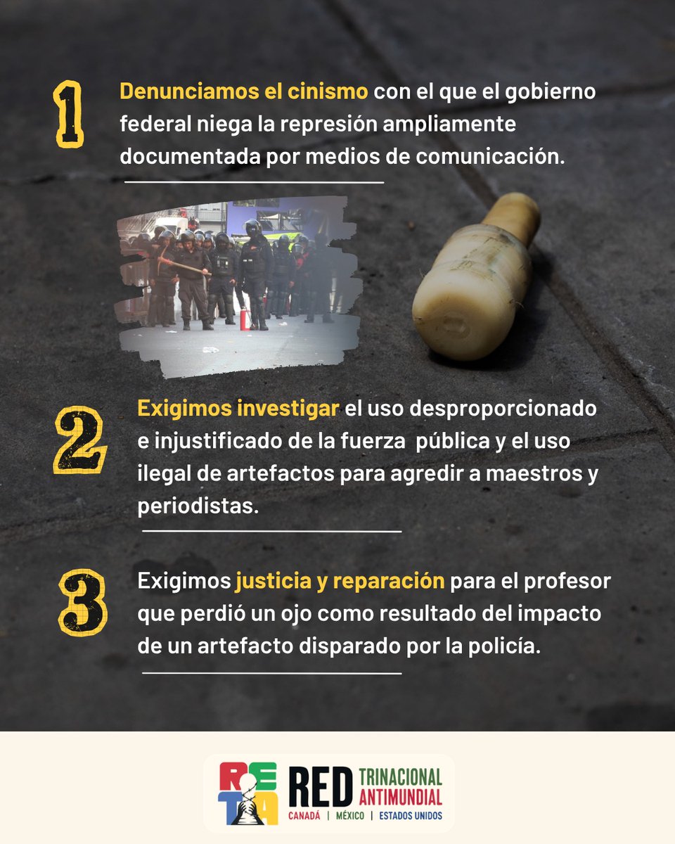 RetaAlMundial's tweet photo. #PronunciamientoRETA | ¡La represión sí ocurrió. Y está documentada!

Mientras las autoridades niegan el uso de gases y proyectiles contra la movilización de la #CNTE, periodistas y activistas registramos las agresiones 1/3  👇🏽 https://t.co/h7vJXZjUIB