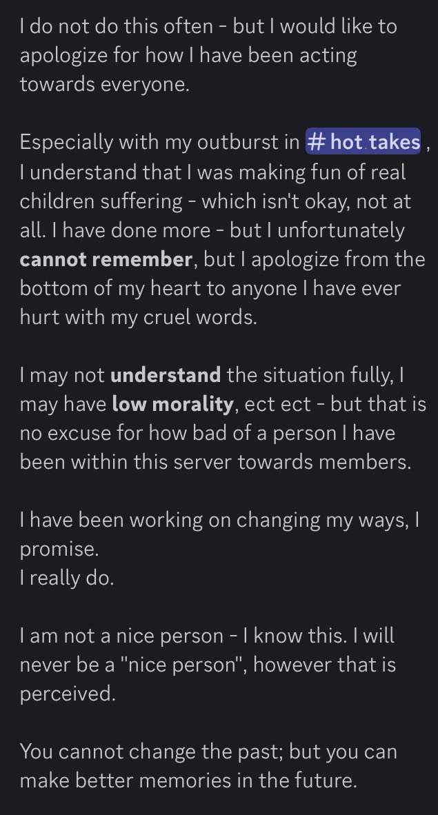 urshipisvalid's tweet photo. This goes for everyone; I have a huge problem with anger and have more than likely lashed out on people on this account as well - as my personal account is private.

This also goes for the amount of drama I have started on this account - I want to change.

~Para https://t.co/CYmHKVGBZ7