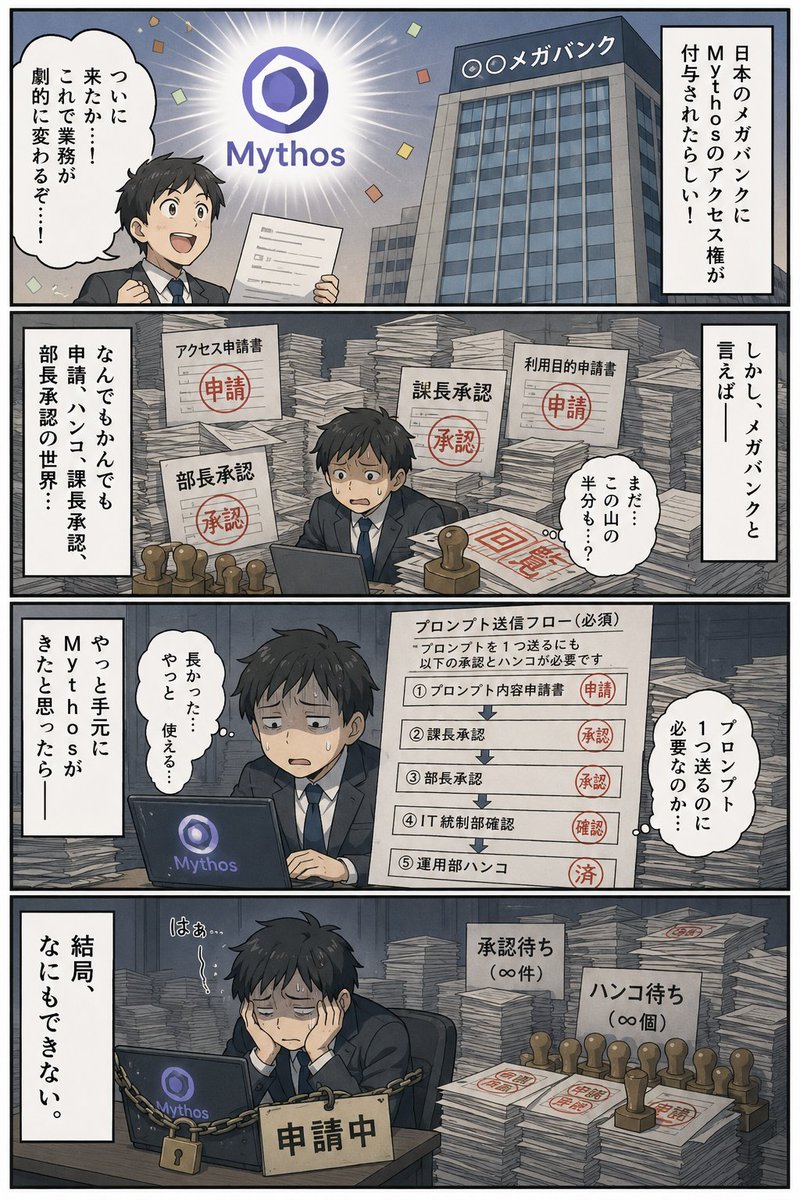 sudachikawaii's tweet photo. Claude Mythosが日本のメガバンクでアクセス権を手に入れたらしいんだけど、メガバンクと言えばハンコ承認ということでフィクションです https://t.co/zhdPy0k9K5