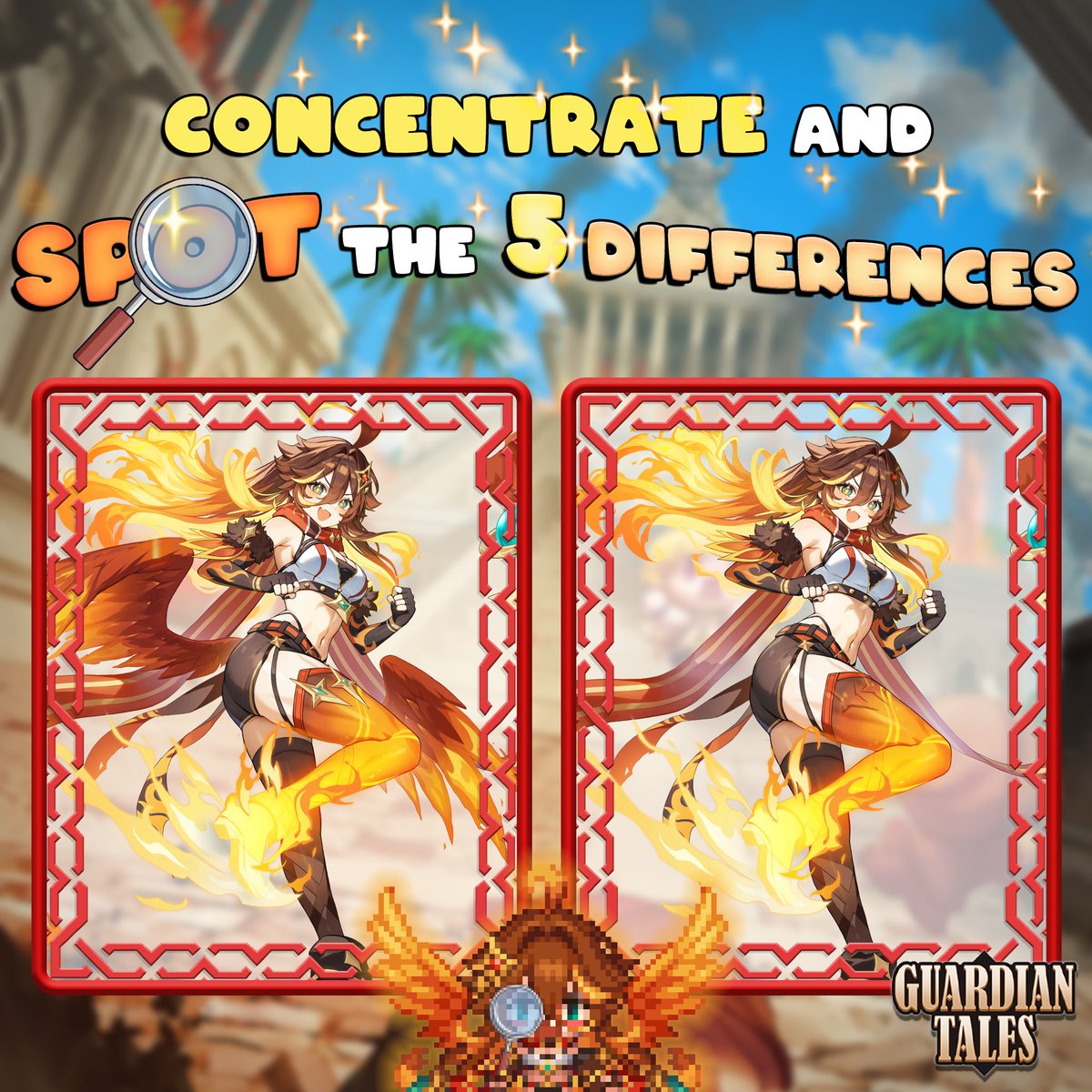 GuardianTalesEN's tweet photo. Something feels a little different in Scintilla's Myth Illustration… but can you tell what it is? Look carefully, find, and spot the difference between the 2 images below!

🎁+150 Participants = Hero Crystal x20, Stamina x200
🗓️ Reward Distribution: June 9, 2026 https://t.co/34OhDzlJqK