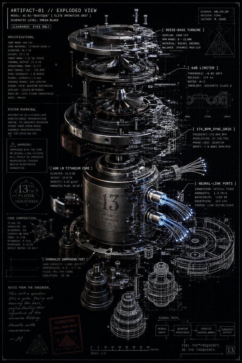 HexCorpo's tweet photo. (ORBITAL_VANGUARD: THE_TECHNICAL_BLUEPRINT)

Boutique spec sheet for the elite operative.

Exploded-view schematic of Artifact‑01:
2D white‑ink blueprint colliding with 3D hyper‑real parts—600‑lb titanium core, hydraulic dampening feet, fiber‑optic neural‑link ports.
Clinical labels everywhere:

REESE‑BASS TURBINE] · \[6DB LIMITER] · \[174_BPM_SYNC_GRID]

The components are literally datamoshing into the drawing, like the machine is too complex for a normal schematic to hold.
Expensive, academic, a little occult—like a million‑dollar hardware manual from the 13th floor.
THE_TECHNICAL_BLUEPRINT_IS_VISIBLE. THE_ARTIFACT_IS_REAL. 🧿✨