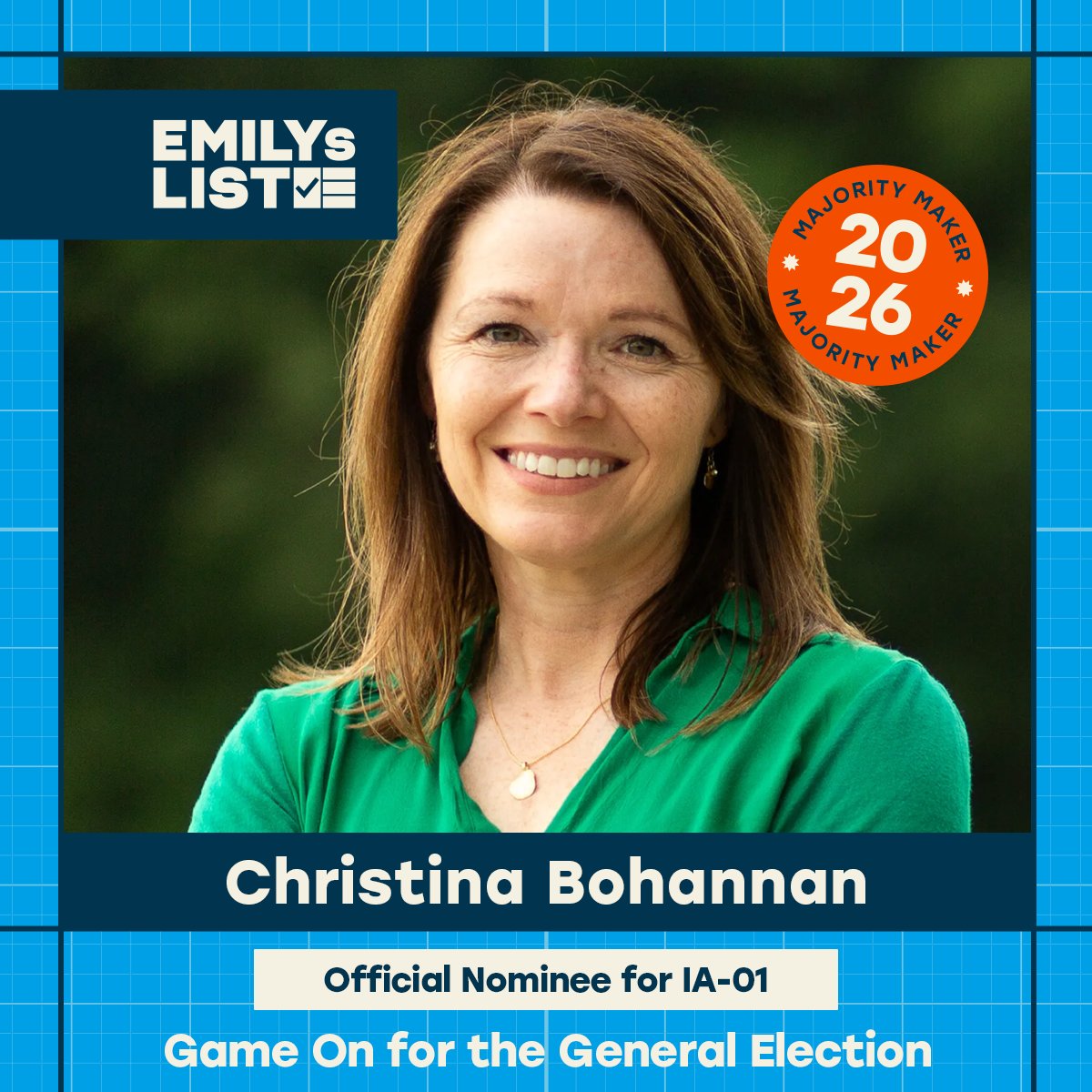 emilyslist's tweet photo. Game on for the general election! @BohannanIowa, @Lindsay4Iowa, and @SarahforIowa are focused on cutting costs and delivering for Iowa families while their opponents push an out-of-touch agenda. We know they’re the best candidates to flip these critical seats and help Democrats take back the U.S. House.