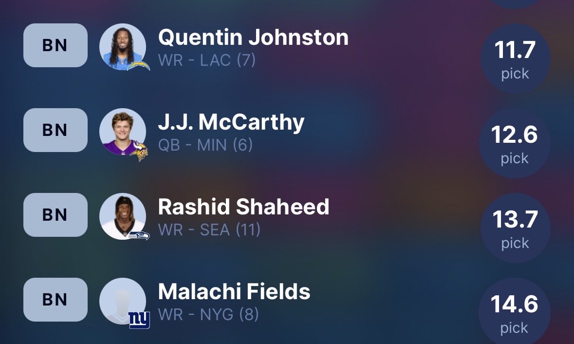 ZKantzFF's tweet photo. 14 rounds through a 12 team, SF, TEP startup.

My QB2 is a potential issue beyond 2026 and I reached for Jonathon Brooks, but not by much. 

ADP doesn’t mean much to the people I’m drafting against which is why I respect the hell out of each of them. https://t.co/SIhUVIVMis