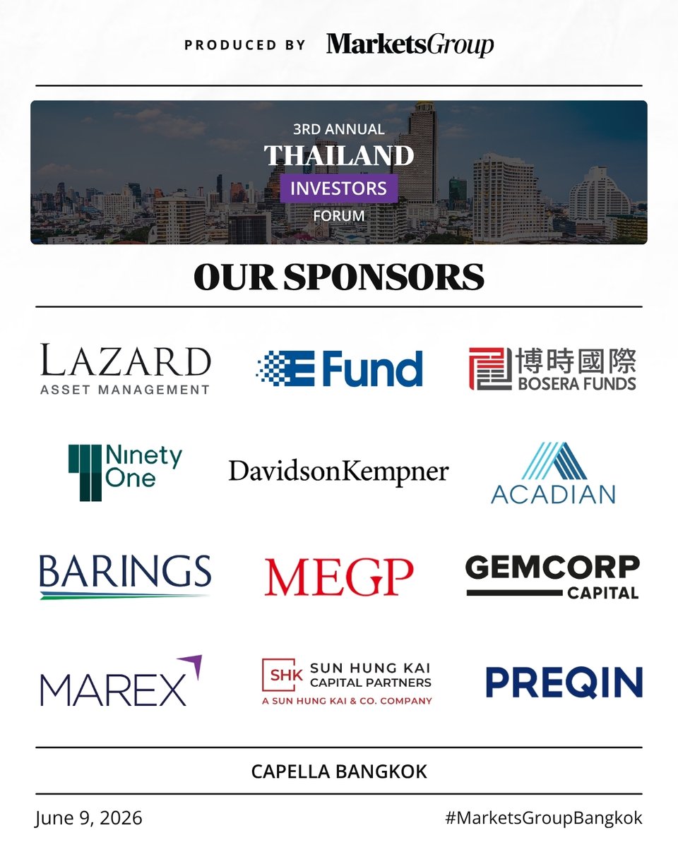 MarketsGrp's tweet photo. We are pleased to have our sponsors joining the 3rd Annual Thailand Investors Forum!
💥 Last seats available: https://t.co/gdqJjzzCcK

Be sure to connect with them on June 9 in Bangkok to learn more about their capabilities, discuss current market opportunities, and explore potential partnerships with fellow industry professionals.

#MarketsGroupBangkok