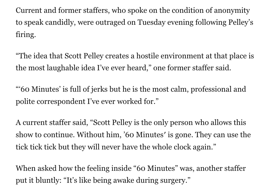 ScottNover's tweet photo. "60 Minutes" staffers past and present are outraged about Scott Pelley's firing. https://t.co/6cGcoiPcic