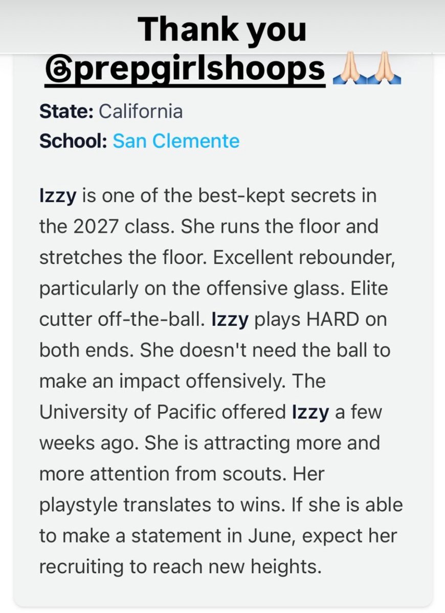 IzzyS1ms's tweet photo. Appreciate the love, @prepgirlshoops 🙏🏽. The journey continues. 🏀💙 #ClassOf2027 https://t.co/b7zwjniWPs