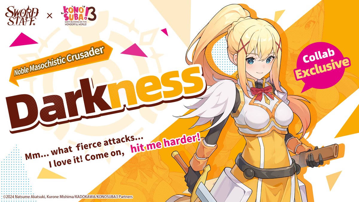 SwordxStaff's tweet photo. ✦Collab-Exclusive Companion✦ Darkness

"Mm... what fierce attacks... I love it! Come on, hit me harder!"

✦－－－－－－－－－－－－－－－－－✦
#SwordxStaff #KONOSUBA! #GodsBlessingOnThisWonderfulWorld #Collab #SwordxStaffxKONOSUBA!Collab https://t.co/XzC7J9BIRq