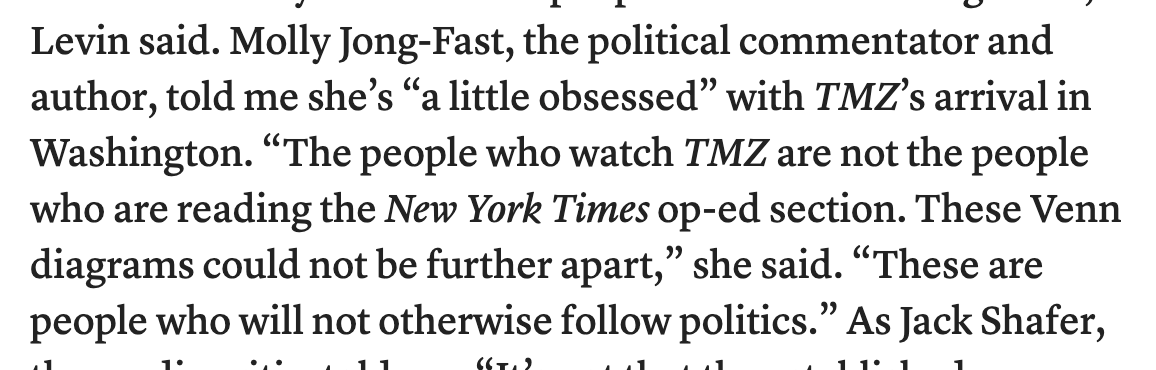 KristaDiamond's tweet photo. I loved the Columbia Journalism Review piece on TMZ's DC bureau (linked below). A great look at their wild card presence in a world of journalists who completely underestimate them based on the assumption that everyone who likes celebrity culture is too dumb to read a newspaper https://t.co/2igQrP03mf