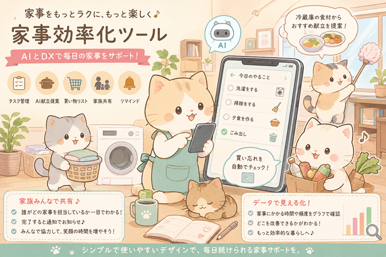 onetowan's tweet photo. 家事は「作業」だけでなく、献立を考える、買い物を管理する、家族に共有するなど、見えない負担も多いものです🏠

家事効率化ツールを使えば、AI献立提案・買い物リスト・タスク管理・家族共有で、毎日の家事をもっとラクにできます🤖✨

家事を生活DXで見える化しませんか？

#家事効率化 #AI活用 #生活DX #時短家事 #家族共有
家事効率化ツール｜AIとDXで毎日の家事を見える化 - https://t.co/KwoUWDL6Nj