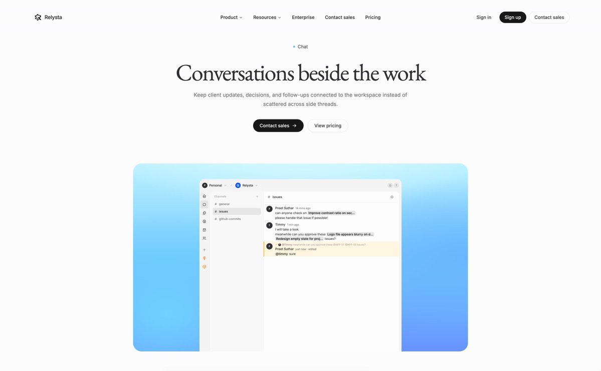 preetsuthar17's tweet photo. Introducing Chat.

Keep client conversations attached to the work they belong to.

Less context lost in side threads.
Fewer decisions buried in old messages.

https://t.co/w77MtjVqDe https://t.co/xh8nxIFuO6