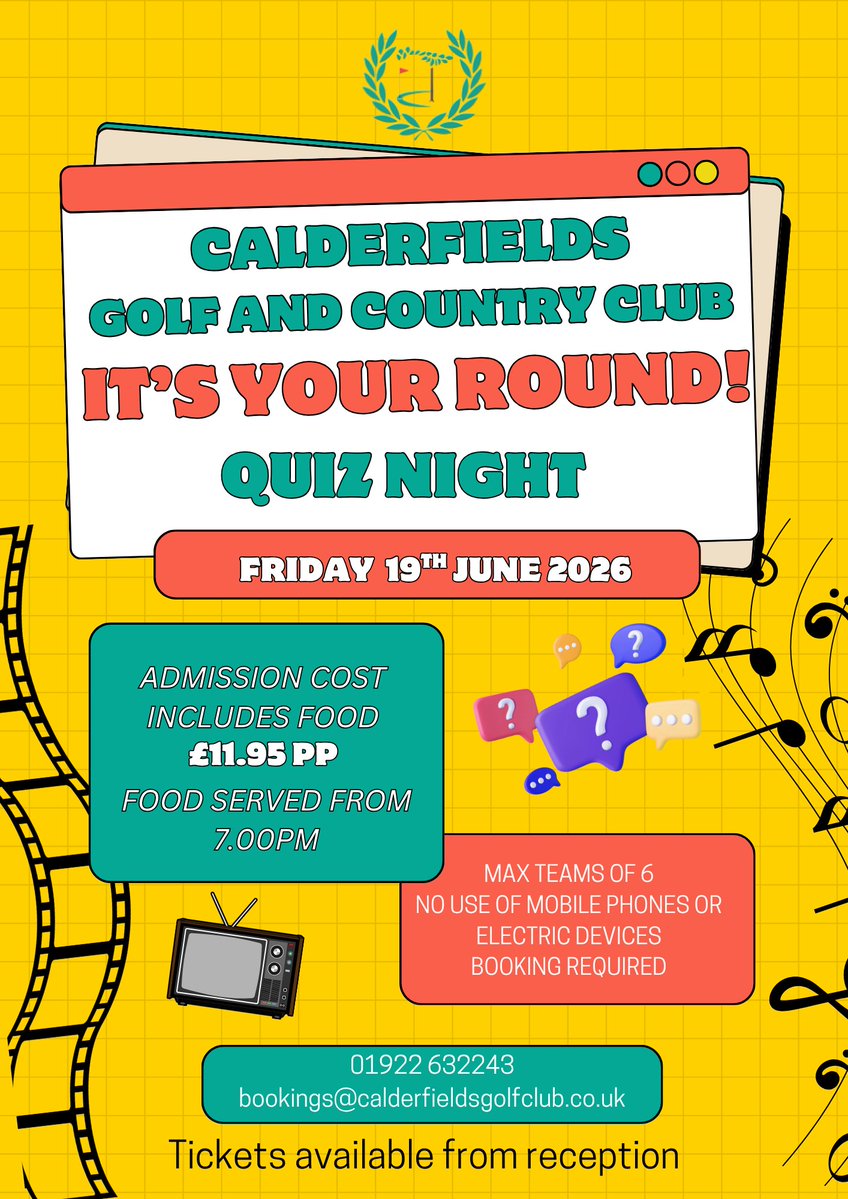 CalderfieldsGCC's tweet photo. Our next Quiz Night is scheduled for Friday 19th June 2026 and it's our "It's Your Round Quiz"

The food which will be served from 19:00 will be a " Hog Roast" with various accompaniments. 

Booking is Essential.

To book your table please contact us on 01922 63 22 43 https://t.co/Th3OwIhhUH