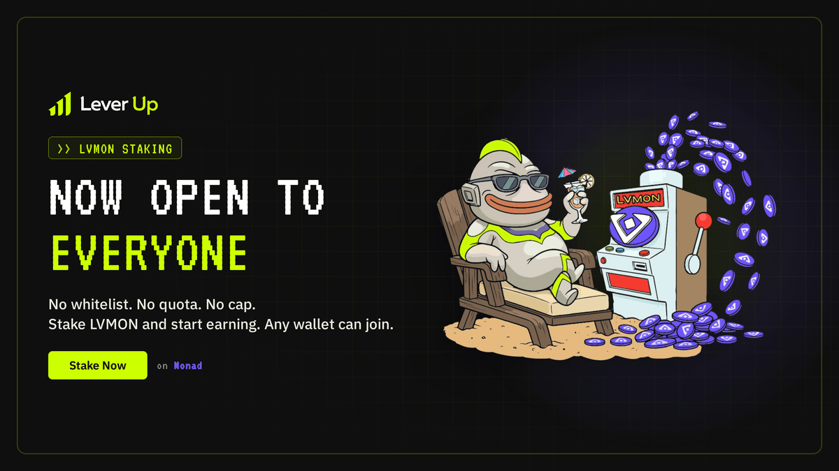 LeverUp_xyz's tweet photo. LVMON staking is now open to everyone

Any wallet can stake LVMON and start earning, with no allocation limit

Stake now on Monad 👇
https://t.co/nNOEU2haJ6 https://t.co/NlgkgHyKcW