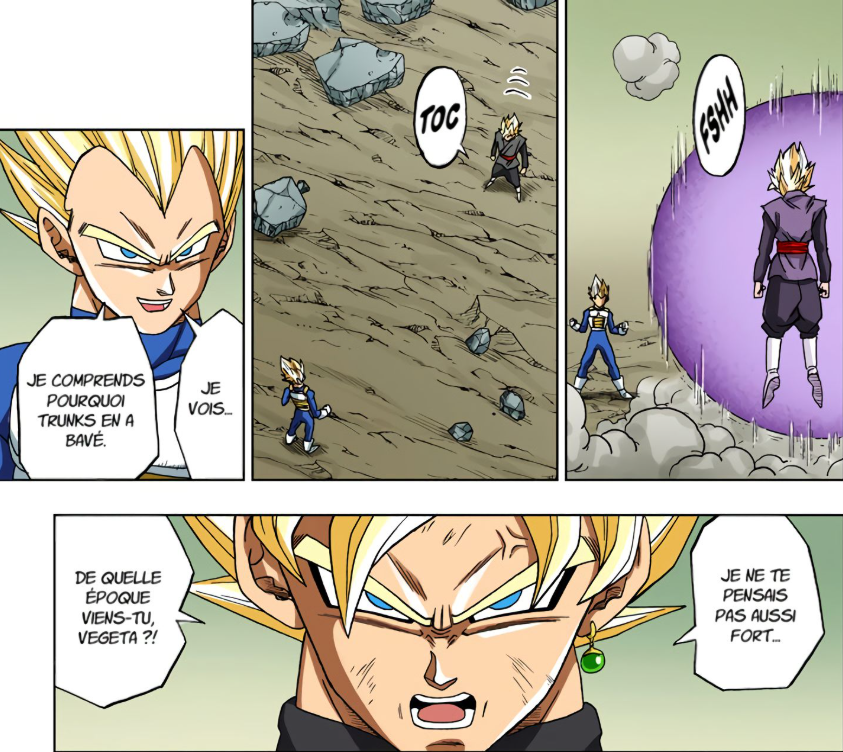 Rayghan_'s tweet photo. Pour le Zenkai ce n'est pas la question car s'il a eu un Zenkai entre Trunks et Vegeta alors il aurait dû encore plus ridiculiser ce dernier. 

Ensuite on a bel et bien le début du combat comme on le voit sur la première page ici, à ce moment Trunks n'a pas de blessure apparente sur son corps. Ensuite même lui sait qu'il est inférieur à Black en base form "Je vais le retenir tant que je peux", ensuite de la part de Trunks même : "Il est encore plus fort que quand il se battait contre moi", à rappeler que ce Trunks ssj 2 fp > Vegeta ssj 2, mais Trunks ssj 2 fp < Black base form tandis que Vegeta ssj 2 > Black ssj 2. Surtout que pour le combat Vegeta vs Black on est sur un no-diff mdrr