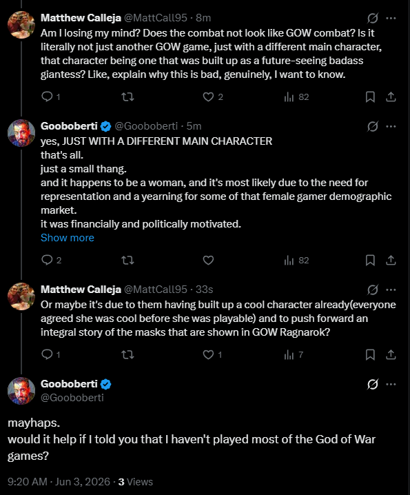 MattCall95's tweet photo. The GOW: Laufey discourse, ladies and gentlemen. Still open to hearing out why it's bad, just actually from people that have played at least the last 2 games. https://t.co/NhKrCRKnyb