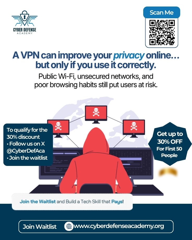 CyberDefAca's tweet photo. A VPN helps protect your privacy.

It does not make you invisible online.
Stay safer:

 • Use a trusted VPN.
 • Avoid free VPN apps.
 • Enable MFA.
• Browse carefully.

Security is a habit, not a tool.

https://t.co/0AVaMJLcq1
30% off for the first 50 people. https://t.co/TzAX6Q6tKD