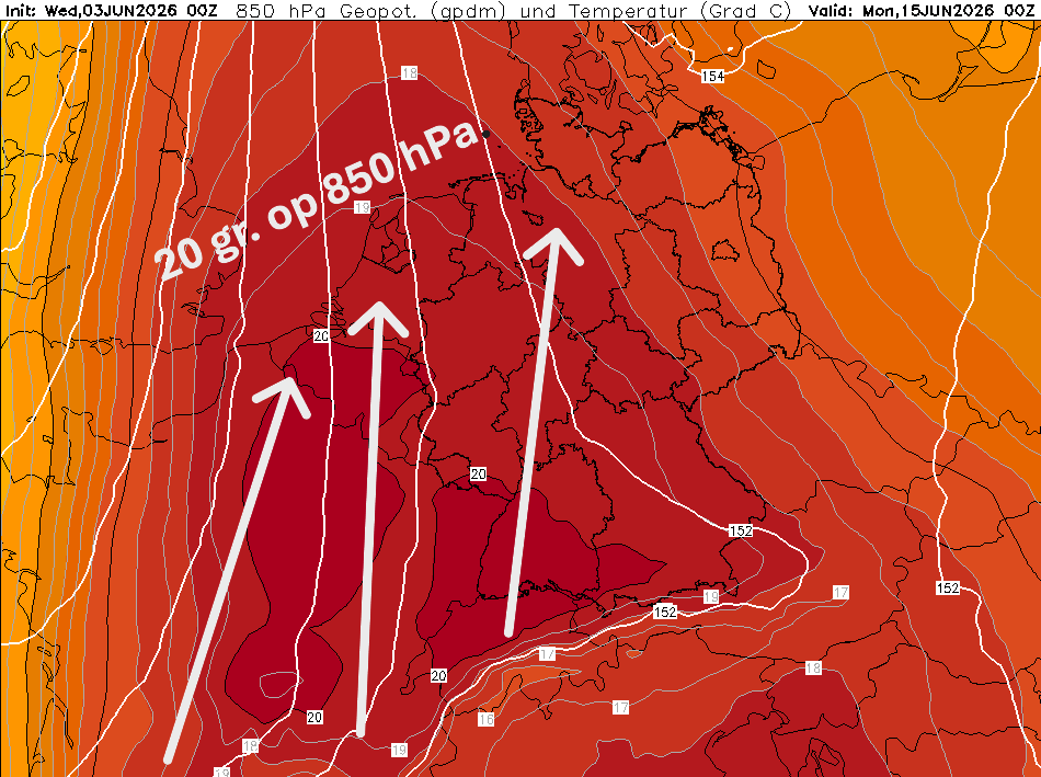 Weerprimeur's tweet photo. Haf juni al bloedheet met bovenluchten van 20 graden op 1500 meter hoogte! Telt er dan 15 bij op voor de temp. op ooghoogte, aldus de bekende regel. https://t.co/n9UUFjvqS6