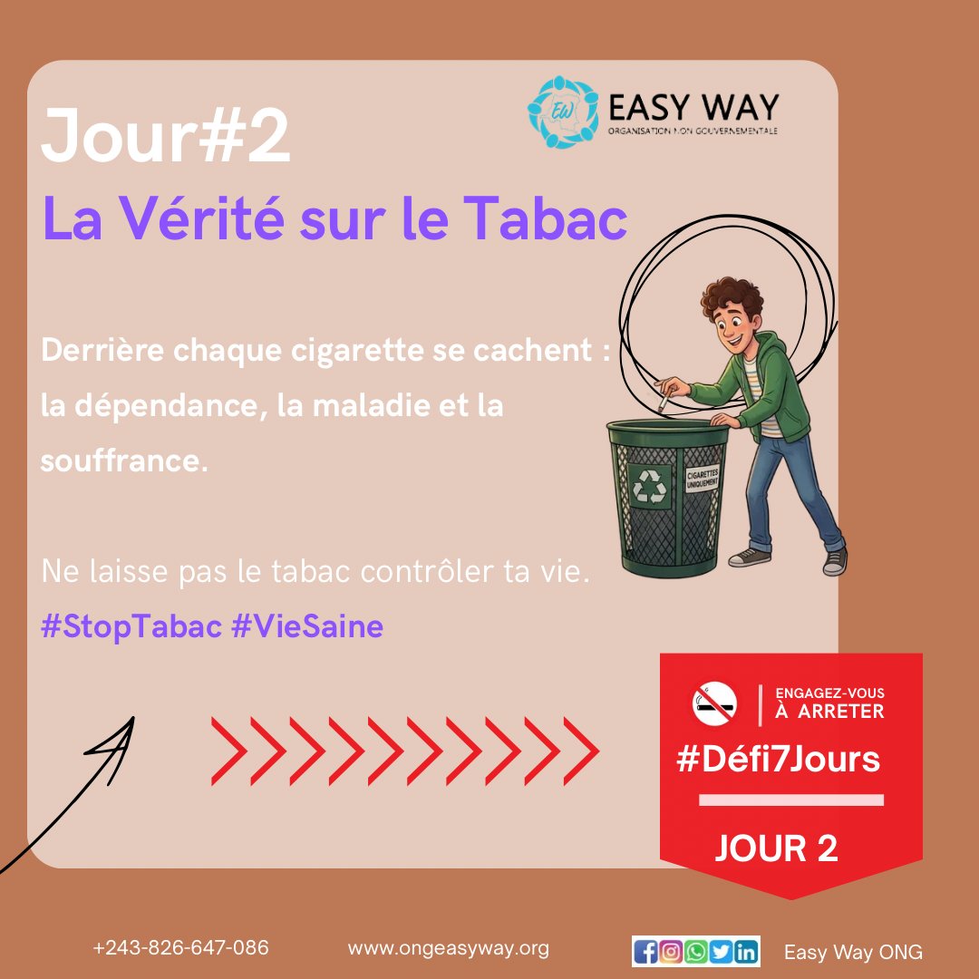 IlungaChri72768's tweet photo. 🚭 Jour 2 : La vérité sur le tabac 

Derrière chaque cigarette se cachent : la dépendance, la maladie et la souffrance. Ne laisse pas le tabac contrôler ta vie. 
@EasyWayONG1
#JourneeMondialeSansTabac
#RespirerSansTabac
#ChoisisLaViePasLeTabac
#SansTabac https://t.co/FG8JeqIX0S