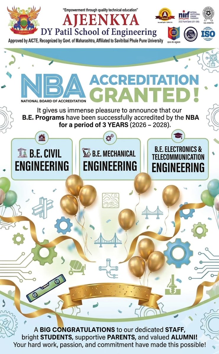 adypsoe's tweet photo. 🎉 Proud Moment for ADYPSOE! 🎉

We are pleased to inform that the B.E. Civil, Mechanical, and E&amp;TC Engineering programs have been awarded NBA Accreditation for 3 Years (2026–2028).

Congratulations to all students, faculty, alumni, parents, and stakeholders! 👏🏆 https://t.co/CvhT0D7iel