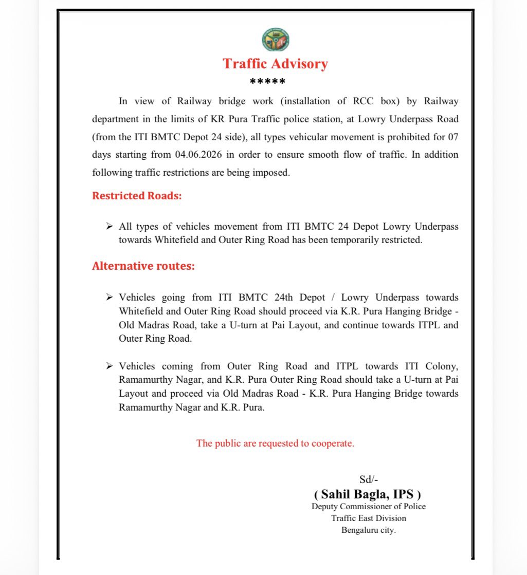 TOIBengaluru's tweet photo. #Bengaluru #Traffic #Alert

Traffic movement @ Lowry Underpass (from ITI BMTC depot towards Whitefield/ORR) near K R Pura will be prohibited for a week starting tomorrow.

Plan &amp; reroute accordingly 👇 https://t.co/v9buIsvqZU