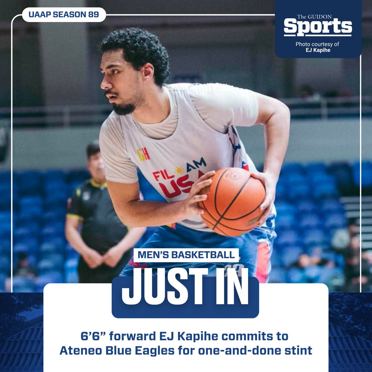 TheGUIDONSports's tweet photo. KANEOHE TO KATIPUNAN

One-and-done prospect EJ Kapihe has committed to the Ateneo Blue Eagles for UAAP Season 89.

The 6’6” forward most recently suited up for the Wooster Fighting Scots in the US NCAA’s Division III.

Kapihe will make his debut with the Blue Eagles in the 19th Filoil Ecooil Preseason Cup, with the first game happening on June 6 at 5:00 PM against the Adamson Soaring Falcons. 

#AteneoBasketball 
#OneBigFight 
#UAAPSeason89