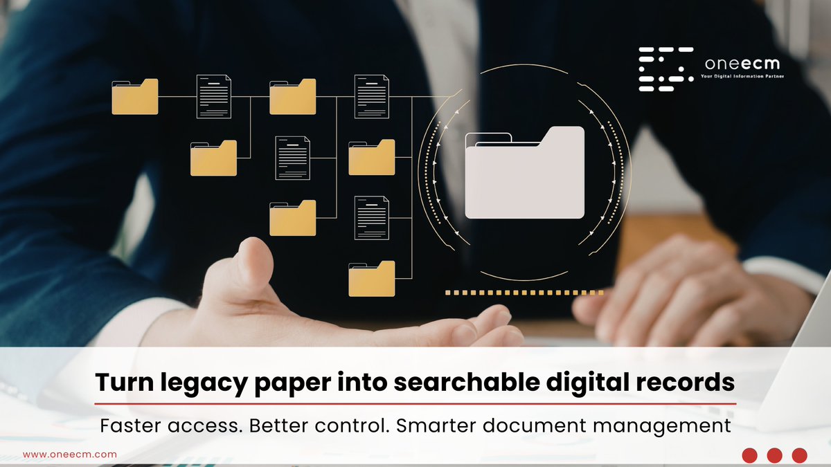 one_ecm's tweet photo. Paper archives don't just take up space—they slow business.

Turn legacy records into searchable digital assets and access information faster when it matters most. 

#DigitalTransformation #RecordsManagement #ONEECM https://t.co/s7U5kFzSDz