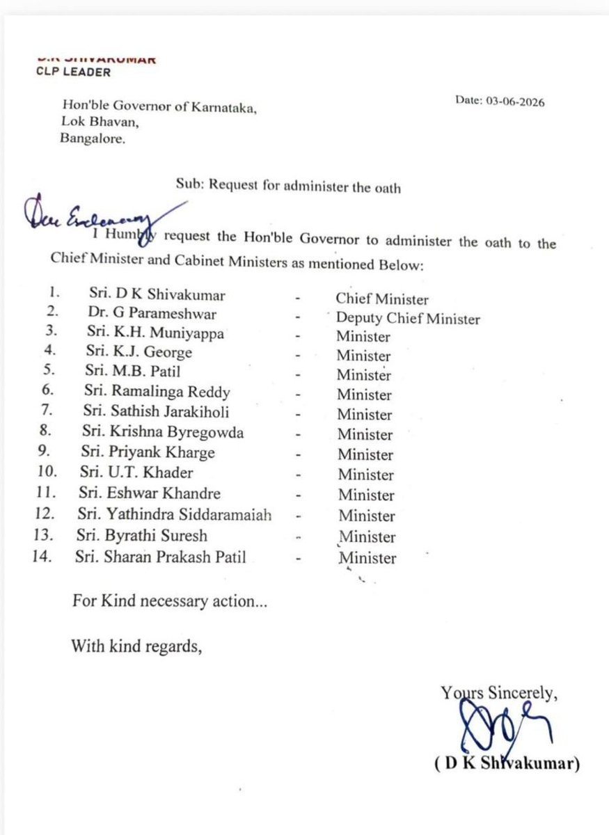 XpressBengaluru's tweet photo. Here is the  list of ministers to take oath today at Lokbhavan along with @DKShivakumar

@NewIndianXpress @santwana99 @ramupatil_TNIE @Cloudnirad https://t.co/PjDYbX0GmX