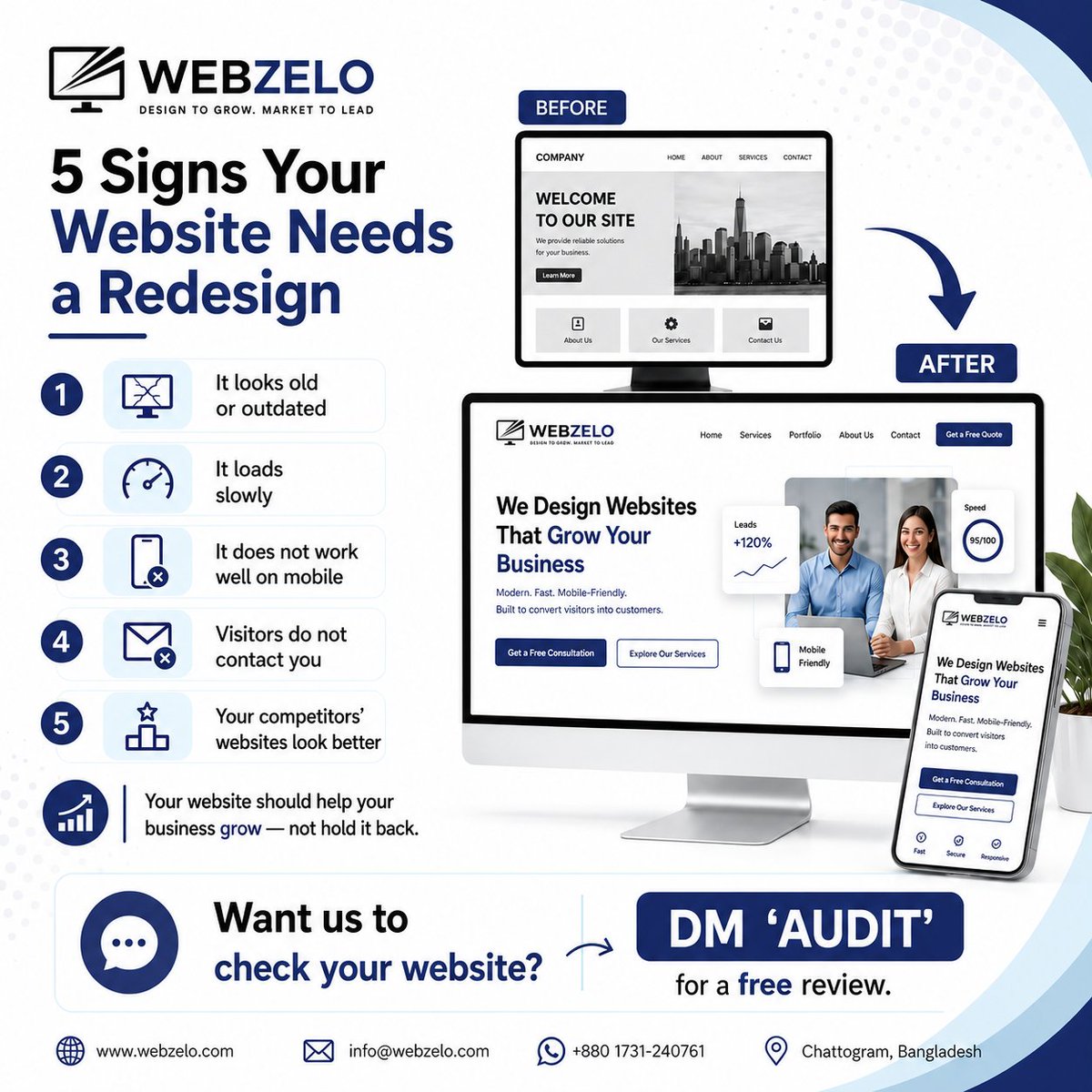 NihadRaisul's tweet photo. 5 signs your website needs a redesign:
It looks old or outdated
It loads slowly
It does not work well on mobile
Visitors do not contact you
Want us to check your website?
DM “AUDIT” for a free review.
#WebsiteRedesign #WebDesignTips #BusinessGrowth #Webzelo #WordPressDesign https://t.co/87eNyZeaHT