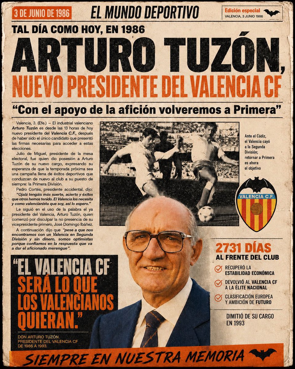 ciberchenet's tweet photo. Tal día como hoy, en 1986, Don Arturo Tuzón Gil fue nombrado presidente del Valencia CF. Con el equipo recién descendido Tuzón consiguió recuperar al club económica y deportivamente devolviéndolo a la élite del fútbol nacional y europeo en pocos años. Dimitió de su cargo en 1993. https://t.co/a5K5RstZ0a