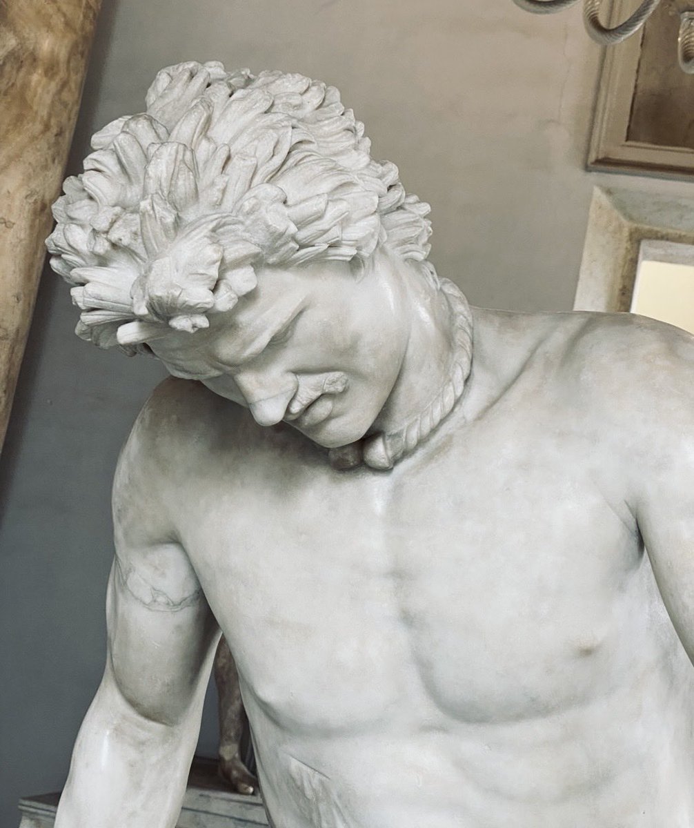 KatesfWriter's tweet photo. The marble statue called the Capitoline Galatian is maybe better known as The Dying Gaul. It’s a 1st C BCE Roman copy of a sculpture on a monument of  Attalus I, king of Pergamon (230-220 BCE).
Found in an area once known as Caesar’s Garden.
📷 my own.
#Archaeology #Rome https://t.co/j9o1i2bRTx