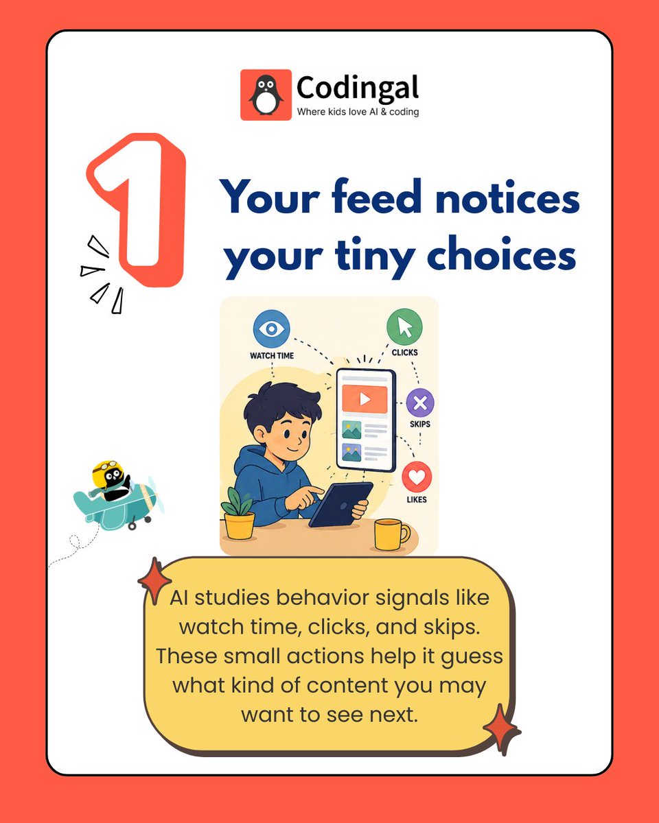 codingal's tweet photo. Your feed learns from you, and that can make online experiences feel more personal.

From the topics you explore to the videos you enjoy, AI helps platforms understand your interests and recommend content that feels relevant. When kids understand how this works, they become smarter and more aware digital users.

#Codingal #AIForKids #DigitalLiteracy #AIAwareness #FutureReadyKids