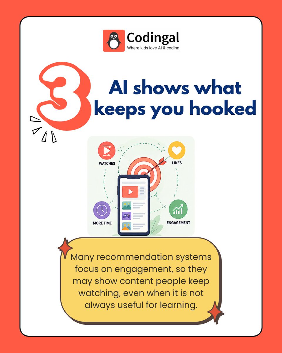 codingal's tweet photo. Your feed learns from you, and that can make online experiences feel more personal.

From the topics you explore to the videos you enjoy, AI helps platforms understand your interests and recommend content that feels relevant. When kids understand how this works, they become smarter and more aware digital users.

#Codingal #AIForKids #DigitalLiteracy #AIAwareness #FutureReadyKids