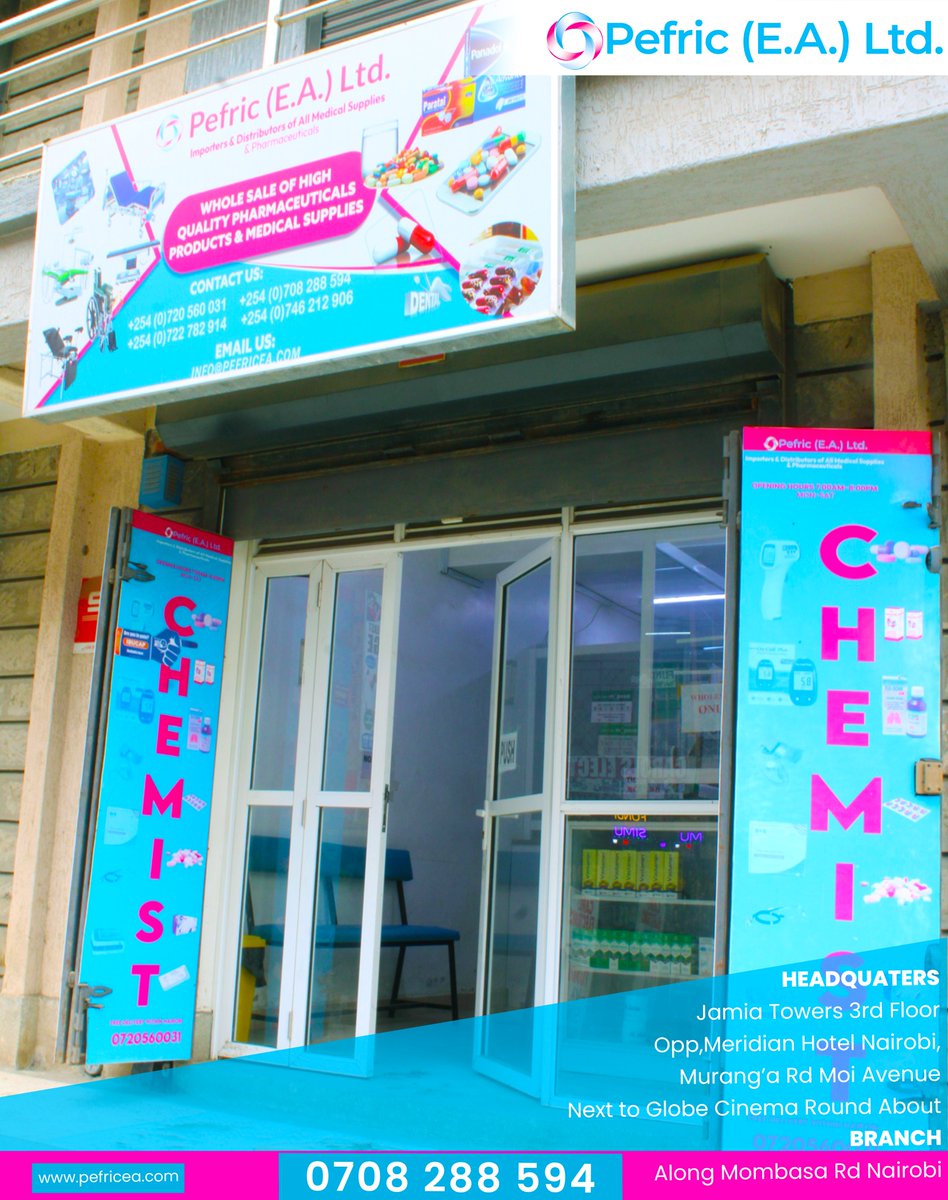 EPefric's tweet photo. Visit Pefric E.A. Ltd pharmaceutical branch along Mombasa Road for trusted medical supplies and pharmaceuticals.
 Call/WhatsApp: 0708 288594 for more information.
#medicalsupplies #healthkenya #healthcare #Laikipia #Ebola #Pharmacy #clinicalexellence #outbreak https://t.co/GQtCwZkYNu