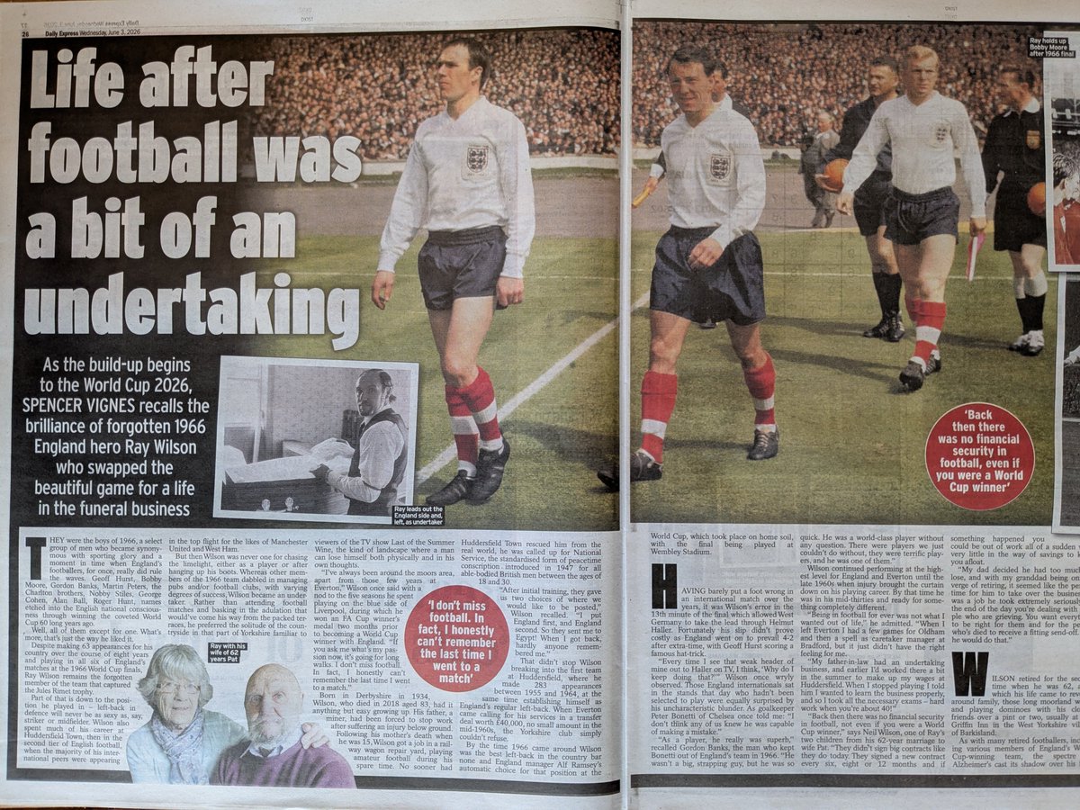 SpencerVignes's tweet photo. My piece in today's Daily Express about Ray Wilson, so often the forgotten member of England's World Cup winning side of 1966, who went on to become an undertaker in his home town of Huddersfield. High time this man's contribution to sport, and life, came in from the cold. https://t.co/NddxpkhJbT