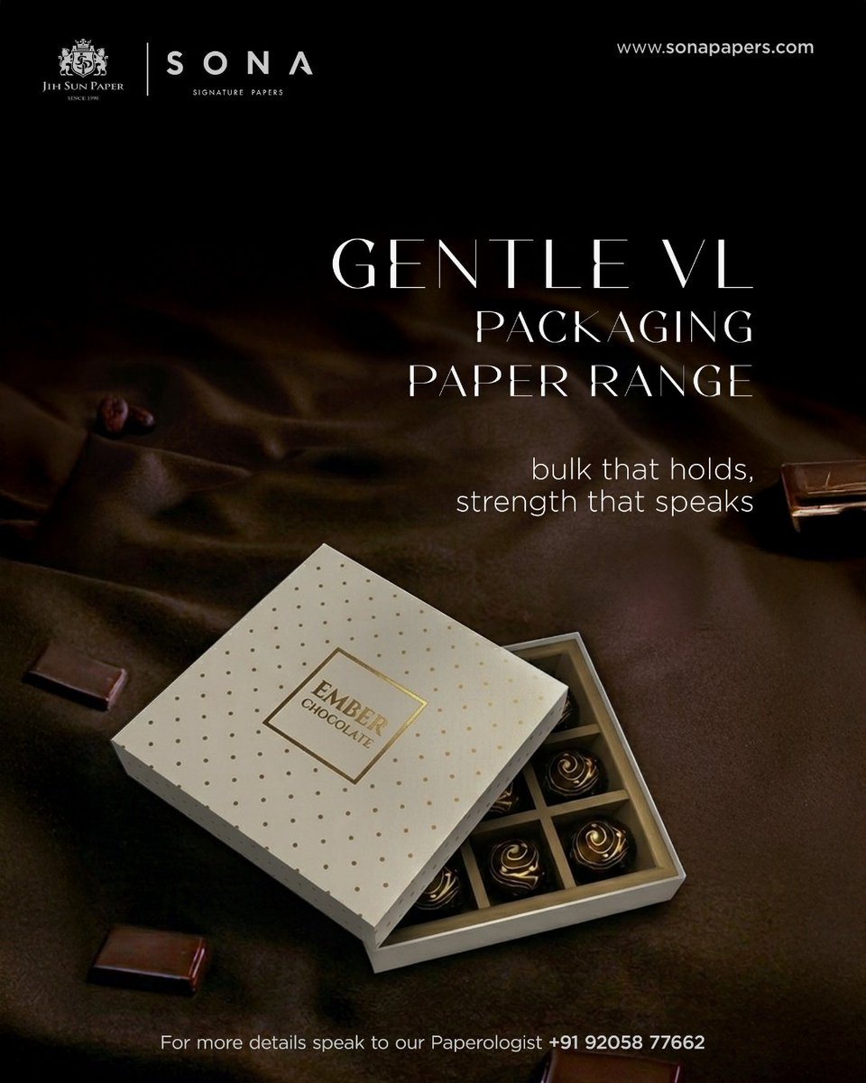 sonapapers's tweet photo. Bulk that holds. Strength that speaks.

Gentle VL by Jih Sun Paper—crafted for chocolate packaging that protects, presents, and impresses.

#SonaPapers #GentleVL #JihSunPaper #LuxuryPackaging #ChocolatePackaging https://t.co/nMPwMJnMVt