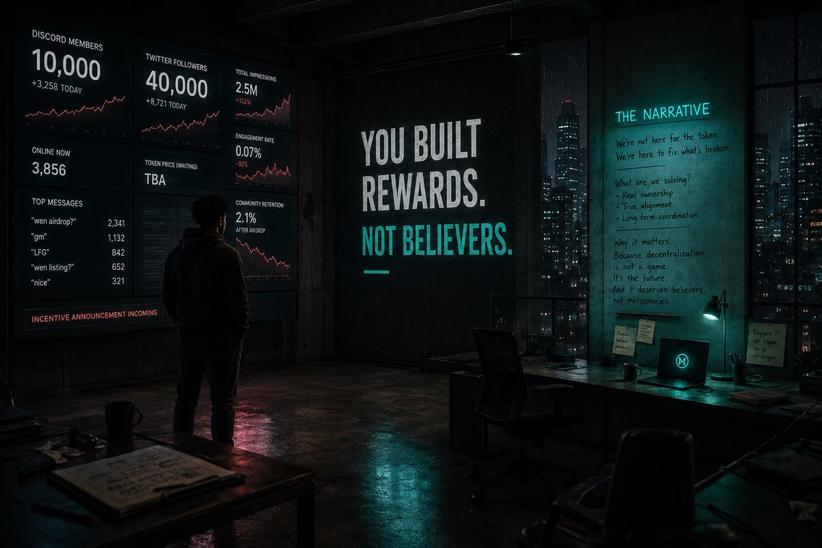 SlyOnChain's tweet photo. 10,000 Discord members. 40,000 Twitter followers. Zero actual believers.

Ask one of those 40,000 why the protocol matters. You get silence. Or worse, a tagline copied directly from the website.

Airdrop culture did this.

Protocols trained users to show up for rewards. The messaging was always about what users would receive. Never about what was actually being solved. So you build an audience that learns to show up when incentivized and leave when the incentive moved.

They already have notifications set for the next one.

A real community is people who could explain what you’re building to stranger at 11pm and actually mean it. That doesn’t come from a points program. It comes from a narrative that gave them something to believe in before the token dropped.

Most protocols never built that layer. They built the rewards system instead and called it community.

Now they’re wondering why nobody stayed.