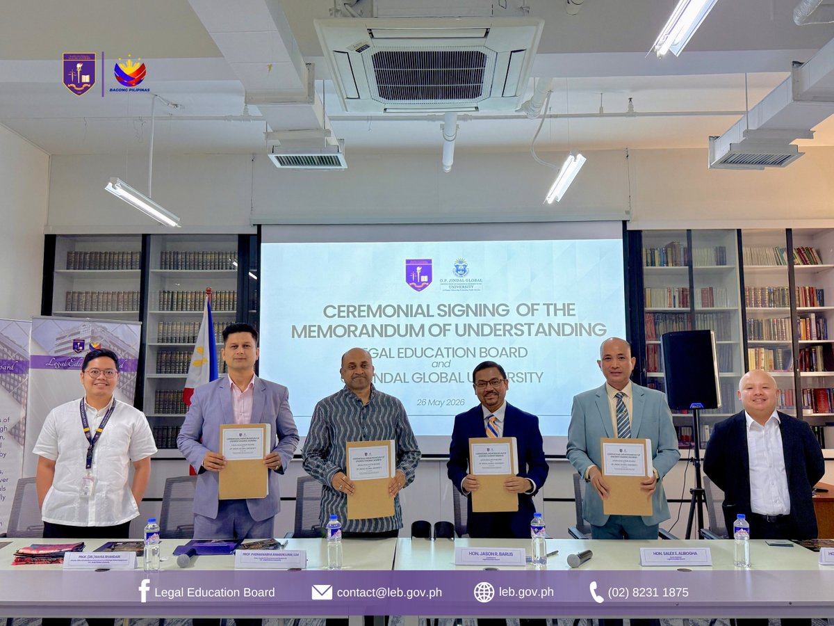 lebgovph's tweet photo. [IN PHOTOS] The Legal Education Board and O.P. Jindal Global University formally signed a Memorandum of Understanding (MOU) on 26 May 2026, marking a significant step toward strengthening legal education through international collaboration.

#LegalEducationBoard
#LEBinAction https://t.co/FobU6pjtpr