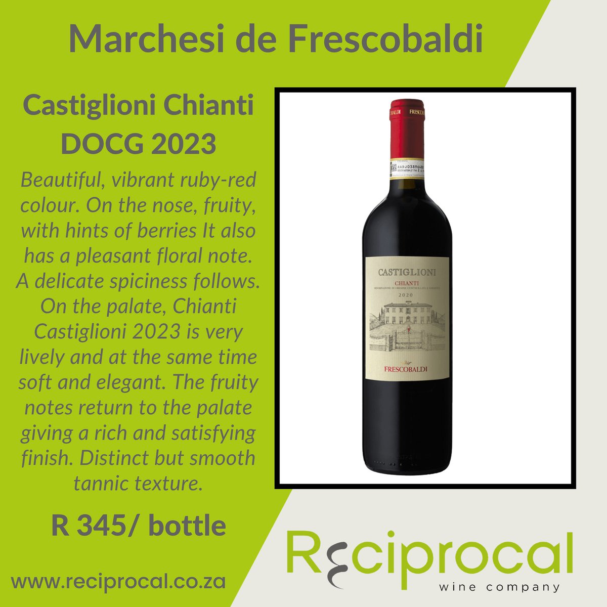 ReciprocalWine's tweet photo. WINE WEDNESDAY

Our featured wine this week is the Castiglioni Chianti DOCG 2023 from Marchesi de Frescobaldi.

View the wine on our website —> https://t.co/bYmDGxnIEG

#reciprocalwines #itsreciprocal #marchesifrescobaldi #winewednesday #chianti @FrescobaldiVini https://t.co/8I5kIFranZ