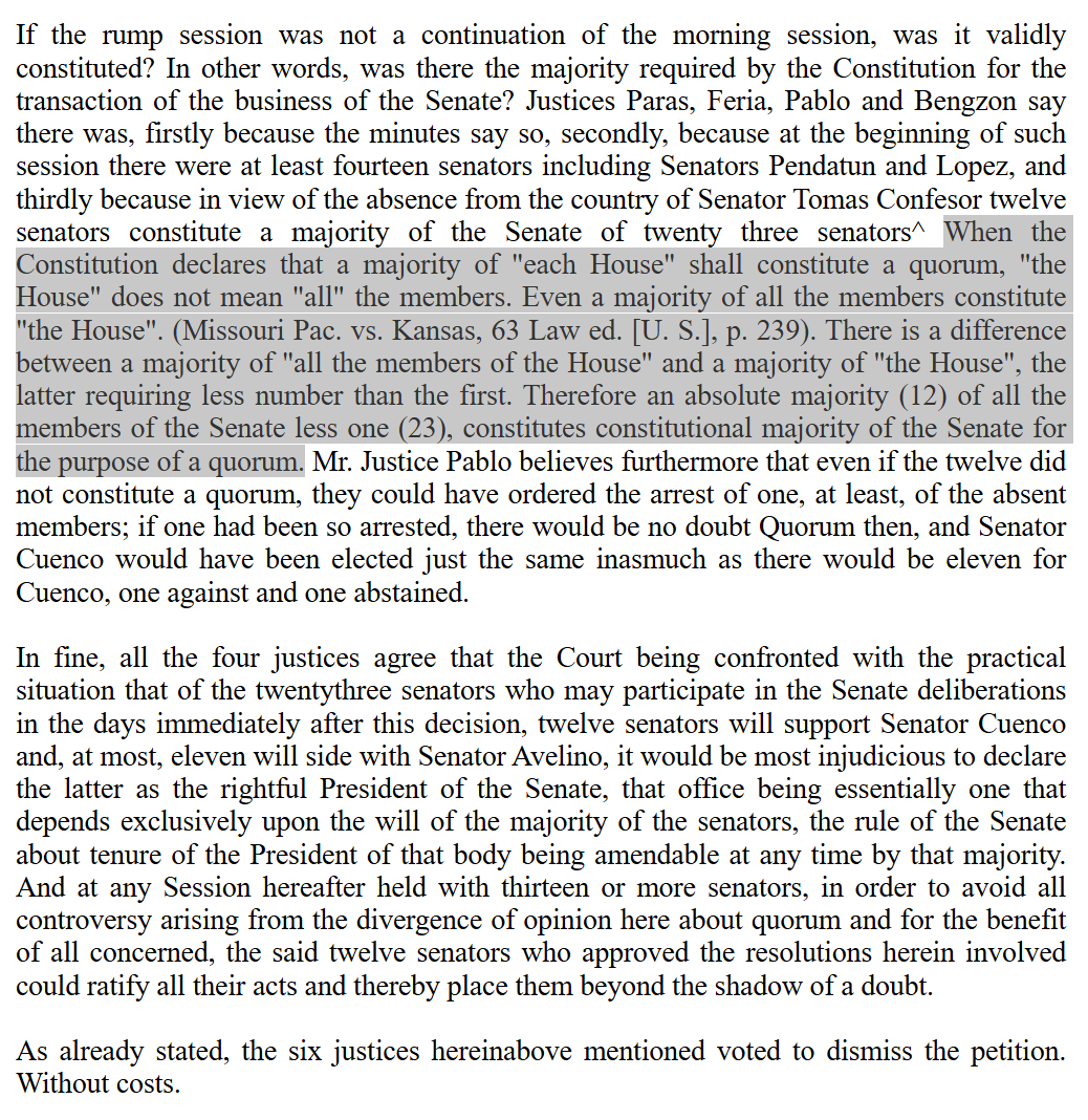 ohlistic's tweet photo. Text from Avelino v. Cuenco, 83 Phil. 17 (1949), which the new Senate leadership relies on for the position that  their 12 Senators are sufficient to constitute a quorum. 
 https://t.co/1jg2CPIFvV https://t.co/UG6D2uOMzq