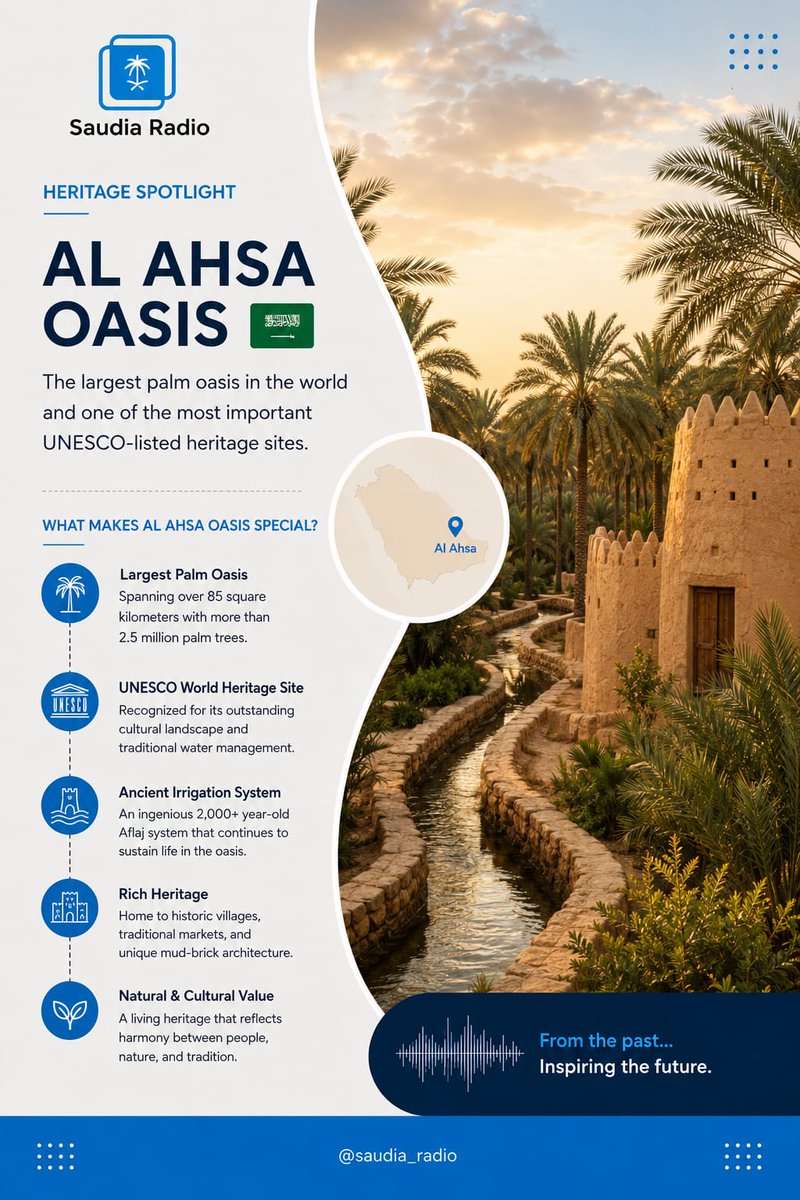 Saudia_Radio's tweet photo. Al Ahsa Oasis
The largest palm oasis in the world and one of the most important UNESCO-listed heritage sites.
#AlAhsa #AlAhsaOasis #saudia_radio https://t.co/ZtRqMF90Ej