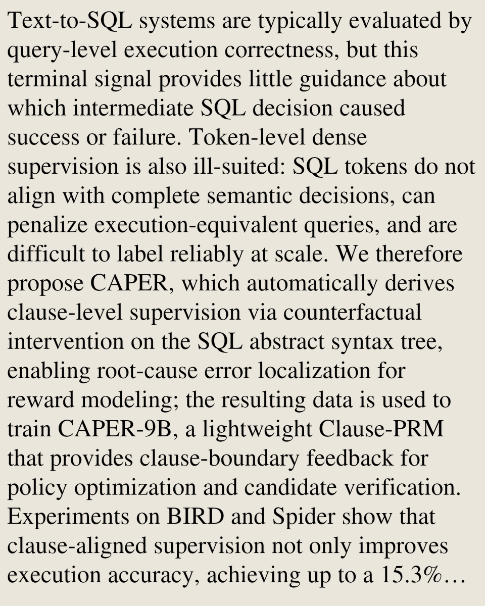 UFCS's tweet photo. CAPER: Clause-Aligned Process Supervision for Text-to-SQL

Lujie Ban, Jiasheng Shi, Jinyang Li, Xiaolin Han, Tsz Nam Chan, Chenhao Ma
https://t.co/V3HGZMTP06 [𝚌𝚜.𝙳𝙱 𝚌𝚜.𝙲𝙻] https://t.co/HAX70Hi3kg